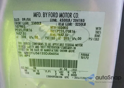 2005 Mercury Mariner Luxury/Premier from USA, damaged, VIN 4M2YU56155DJ06054